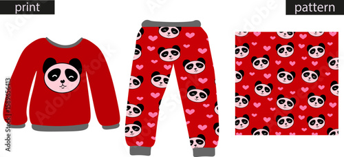 Vector illustration of a children's sleepw,  with a panda print. The accompanying seamless pattern swatch is also included. Suitable for textile design, children's apparel, and product mockups.