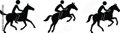 Silhouette sequence of stickman horse riders in different galloping motion poses, ideal for animation, equestrian, or sport design