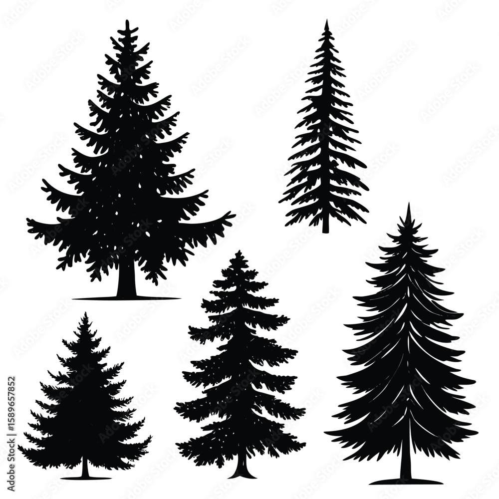 Fototapeta premium Black Silhouette Christmas Tree Collection Different Sizes