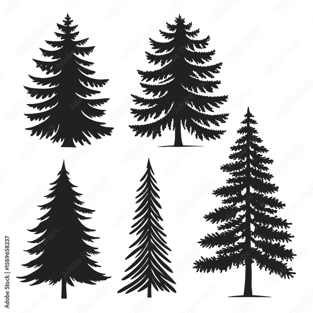 Black Silhouette Collection Five Different Christmas Trees Black Silhouette Collection Five Different Christmas Trees