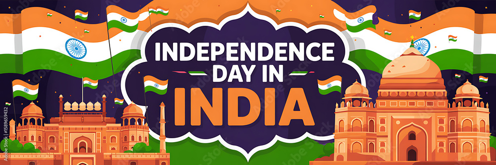 Obraz premium Indian Independence Day Banner. with Taj Mahal, fireworks, flag and diya decorations