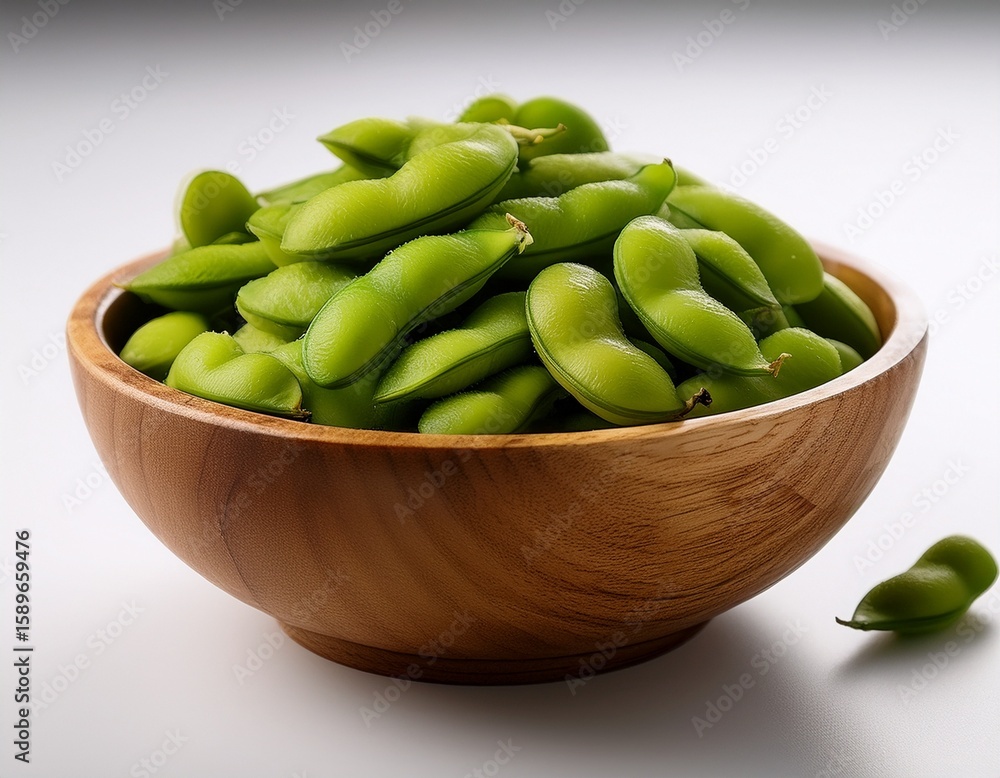 a wooden bowl filled with fresh green edamame pods showcasing their vibrant color and natural texture white background a wooden bowl filled with fresh green edamame pods showcasing their vibrant color and natural texture white background