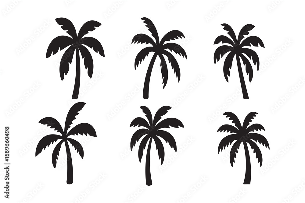 Fototapeta premium Palm tree silhouette icon in tropical beach style black minimal illustration isolated on white