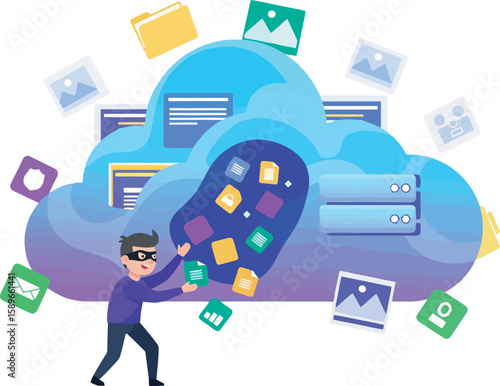 Cartoon illustration depicting a masked thief stealing data from a cloud storage system with floating files and icons.