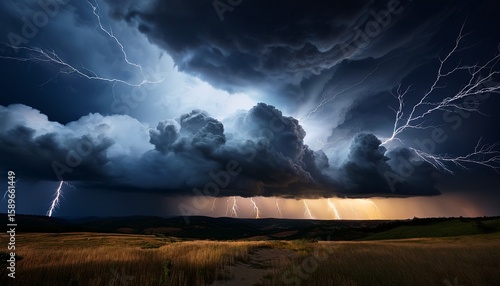 thunderstorms illuminated by lightning under dark cumulonimbus clouds in a nighttime landscape bad weather with thunderstorms in dark cumulonimbus clouds moving in the dark sky