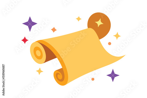 Cartoon Spell Scroll Rolled Open With Magical Sparks