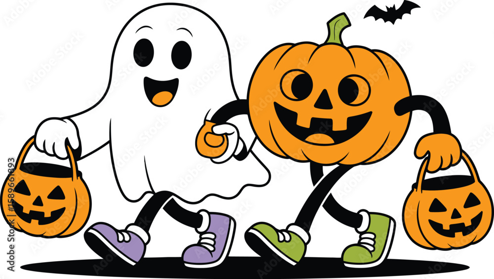 Fototapeta premium Cartoon Ghost and Pumpkin Characters Trick or Treating with Candy Buckets