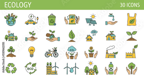 Ecology icons depict sustainable solutions and environmental conservation.