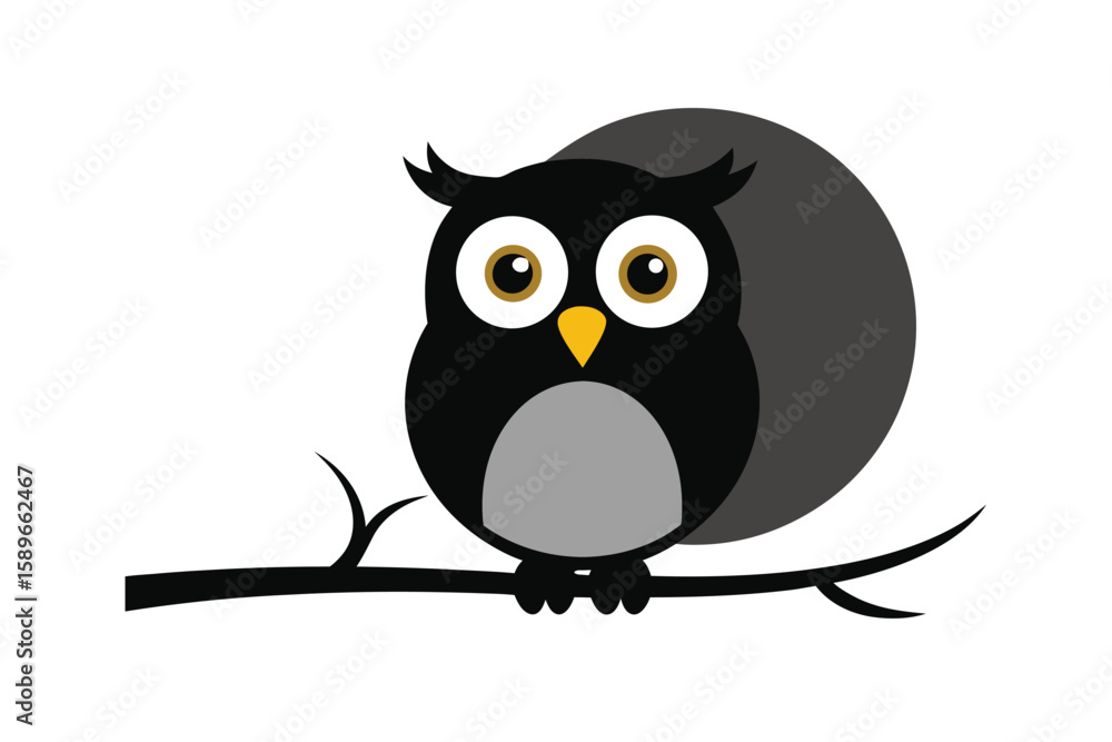 Fototapeta premium Cartoon Owl With Wide Eyes Perched On A Spooky Tree Branch