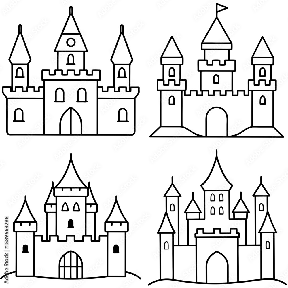 Fototapeta premium Old Castle Coloring Page – Medieval Fortress Line Art Illustration for Kids and Adults