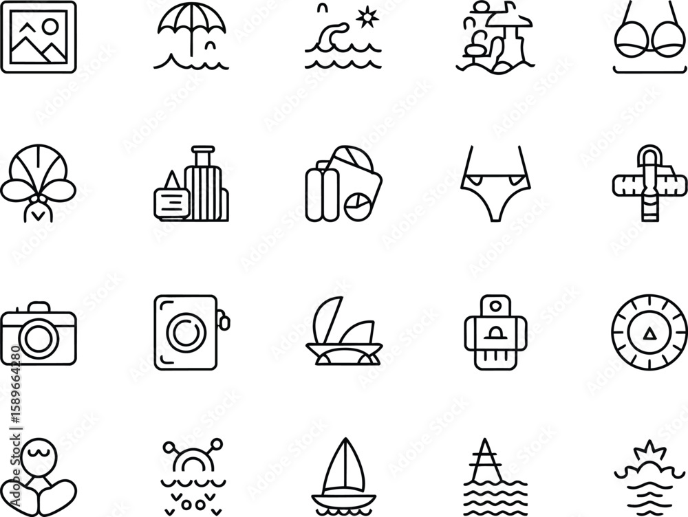 Fototapeta premium Black Outline Travel Icon Set Summer Vacation, Camera, Beach Items, Isolated on White