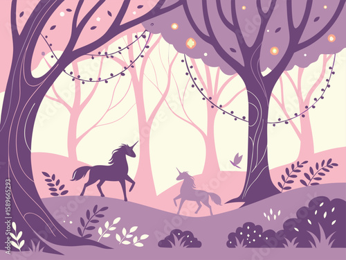 Enchanted forest with magical creatures. Whimsical fairy-tale vector, flowing organic shapes, ethereal lighting, and dreamy pastel hues