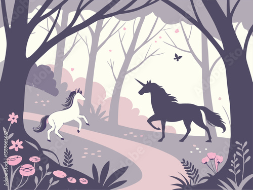 Enchanted forest with magical creatures. Whimsical fairy-tale vector, flowing organic shapes, ethereal lighting, and dreamy pastel hues
