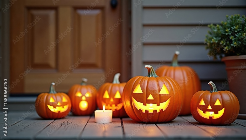 Obraz premium Halloween pumpkins with carved faces illuminated on porch steps 