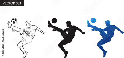 Soccer player kicking ball vector set illustration for graphic design use