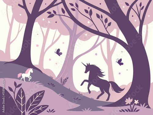 Enchanted forest with magical creatures. Whimsical fairy-tale vector, flowing organic shapes, ethereal lighting, and dreamy pastel hues