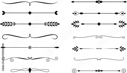 Black Decorative Divider Lines and Ornaments on White Background