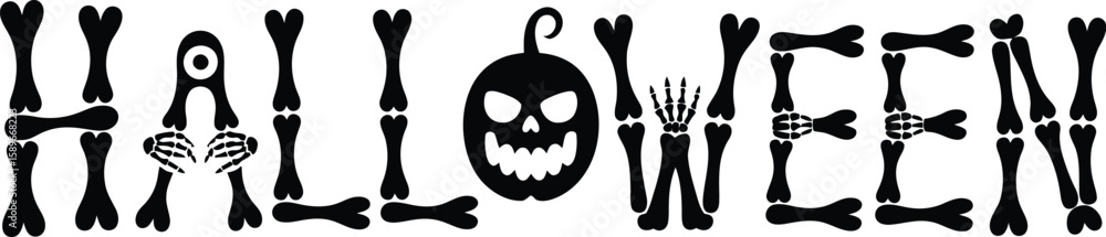Fototapeta premium Halloween Wordmark with Pumpkin and Bone Elements text