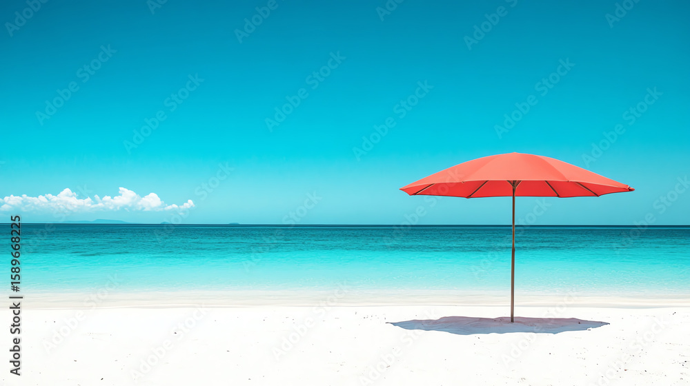 Beach umbrella and towel on white sand with clear blue sky, simple travel concept Beach umbrella and towel on white sand with clear blue sky, simple travel concept