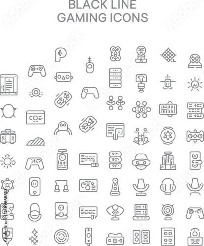 Gaming Icons Set Outline Style, Controller, Headphone, Server, Chair, Web camera