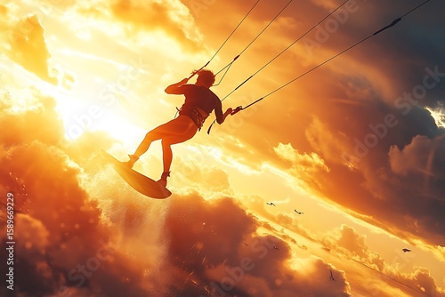 Kitesurfing with Golden Sunlight Dramatic Sky Action Watersport Adventure