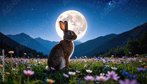 Fototapeta Naklejka Na Ścianę i Meble -  A rabbit sits in a meadow under a full moon