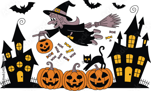 Halloween Witch Flying with Candy and Jack o Lanterns