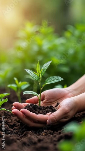 A close-up of a hand planting a young tree in rich soil, surrounded by green plants, emphasizing the concept of sustainability and ecofriendly system.