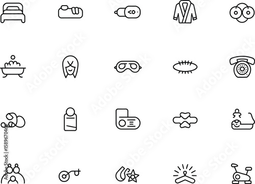 Hotel Amenities Icons Set with Bed, Slippers, Bathrobe, Toiletries, and Exercise Bike