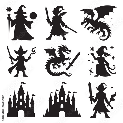 Vector art of a set of magical silhouettes featuring wizards, dragons, and castles, rendered in black on a white backdrop