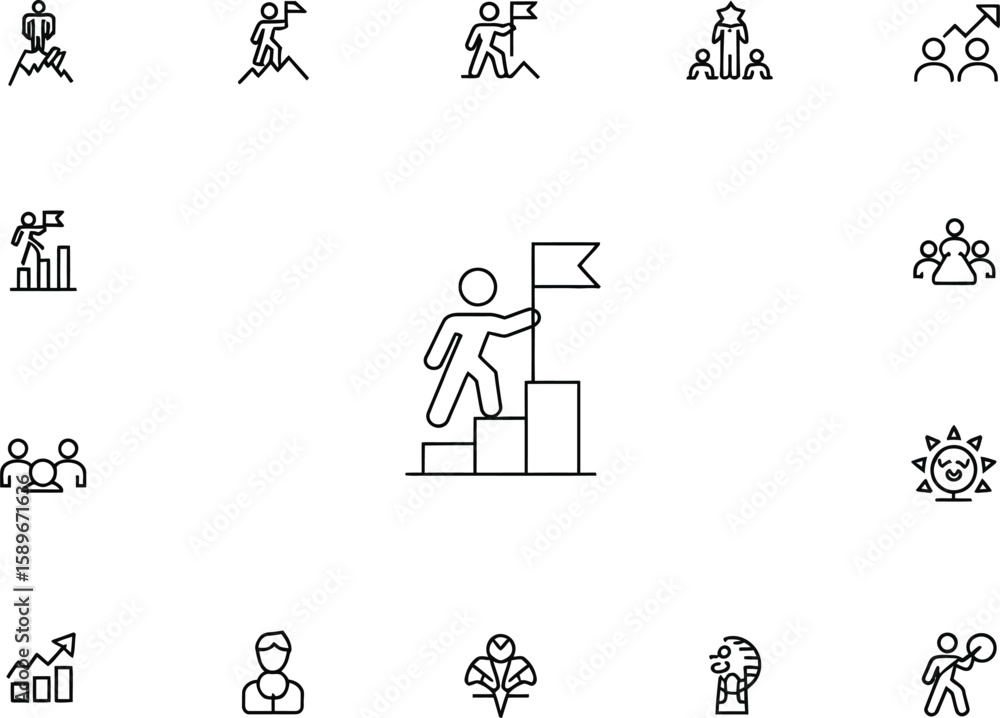 Fototapeta premium Leadership Linear Icon Set Man Ascending Steps with Flag on Transparent Background