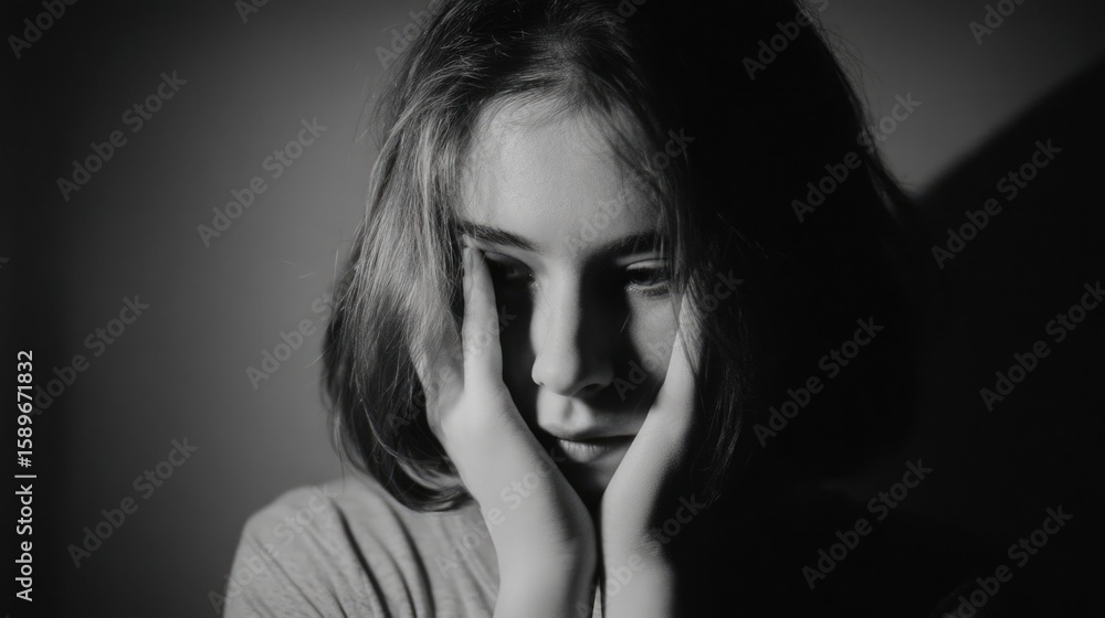 Fototapeta premium Moody black white sad girl portrait. Concept of mental health. Lonely depressed woman feel despair, anxiety, grief. Young schoolgirl worry test exam mark. Insecure teenager. Bad day, problems.