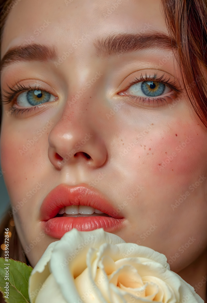 A woman with blue eyes and a white rose in her hand A woman with blue eyes and a white rose in her hand