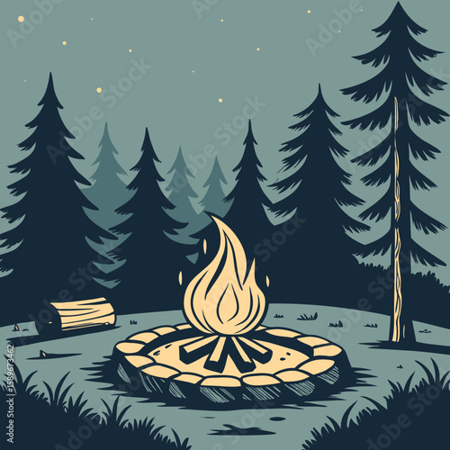 Retro Campfire Illustration in Pine Forest Under Night Sky with Stars
