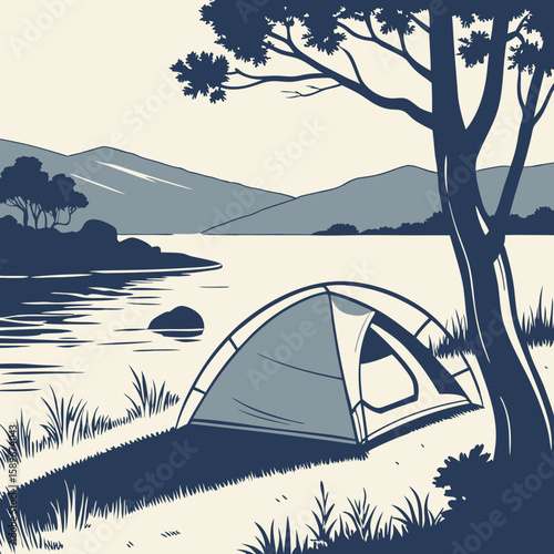 Vintage Camping Illustration with Tent by Lake and Mountain Landscape
