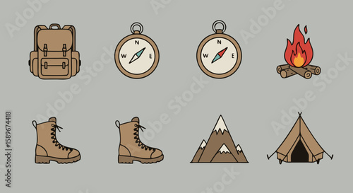 Minimalist Vector SVG Illustration Set with Camping and Hiking Elements in Flat Design Style