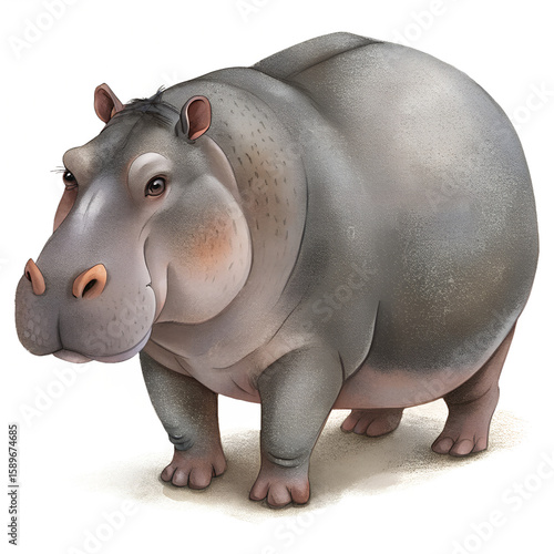 Digital illustration of a charming and friendly hippopotamus standing patiently on a sandy surface