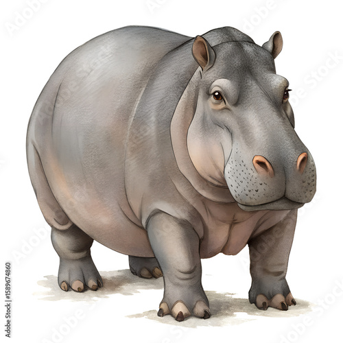 Realistic illustration of a majestic hippopotamus standing proudly on a textured background