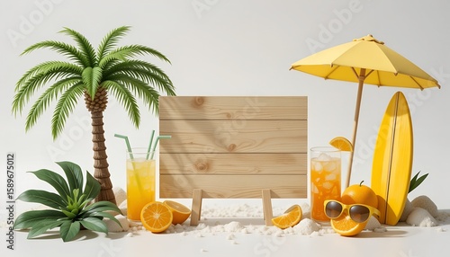 Sunny holiday product display concept with empty wooden board for text or advertising.