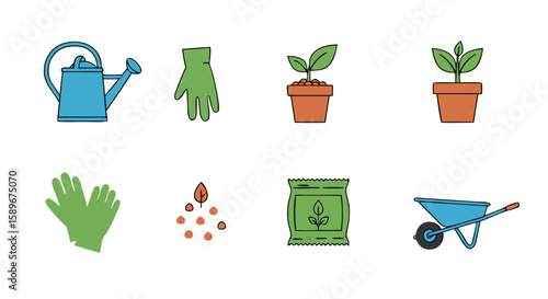 Flat Vector SVG Icon Set with Gardening Tools and Plant Elements in Minimalist Style for Web and Digital Use