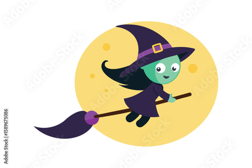 Cute Cartoon Witch Flying On A Broomstick In Sky