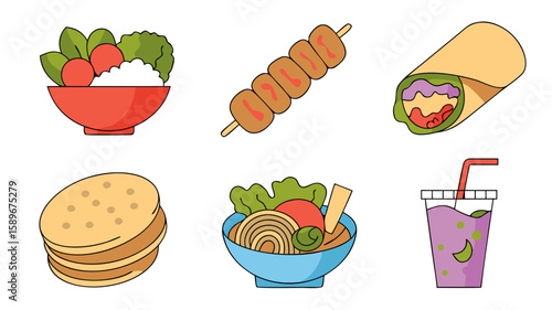 Flat Vector SVG Illustration of Food Items with Bright Colors in Minimalist Style for Digital and Web Use