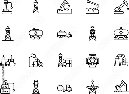 Oil Industry Linear Icons Set, Black Outlines, Towers, Trucks, Pumps, Transparent