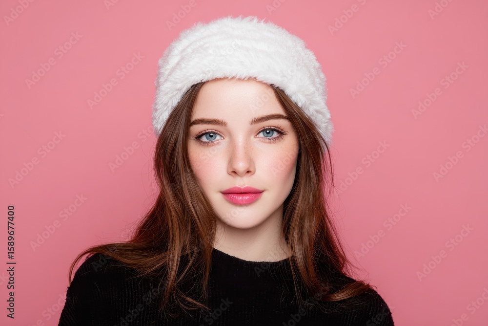 A young attractive white girl wearing a Santa hat against a pink backdrop A young attractive white girl wearing a Santa hat against a pink backdrop