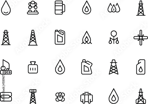 Outline Icons Set Oil and Gas Industry Elements on Transparent Background