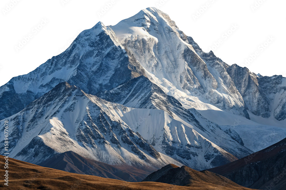 Fototapeta premium Majestic snow covered mountain peak under dramatic lighting isolated on transparent background