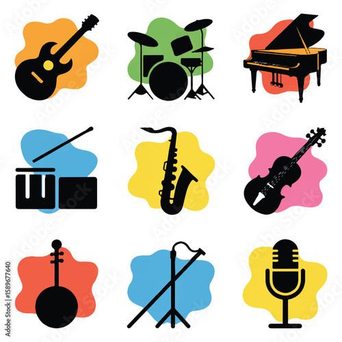 Vector art of a vibrant assortment of musical instruments, each representing a unique sound and style, isolated on white background