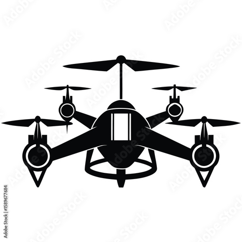 Black and white vector illustration of a modern drone with four propellers ready for flight and aerial views.