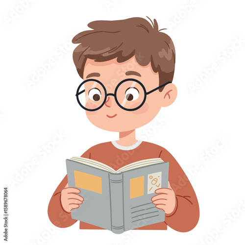 Boy with reading glasses and open textbook enjoying learning  