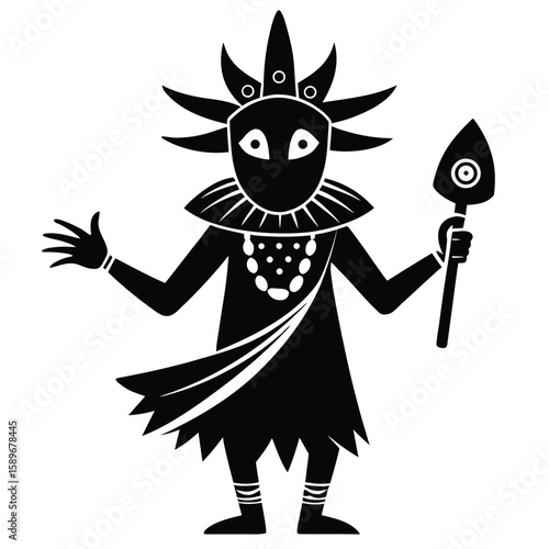 Black and white vector illustration of an african tribal shaman with a staff and ornamental headdress
